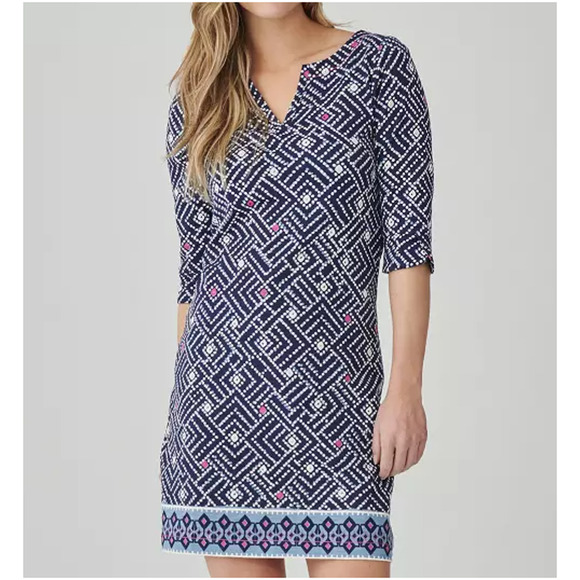 NWT Hatley Lucy Mini Dress Womens XS Blue Popped Ikat 3/4 Sleeve Split Neck - Picture 1 of 10